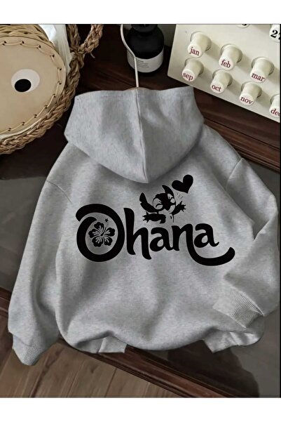 caddekombin Hanorac gri Ohana cu imprimeu pe spate, cu buzunar și lână în int...