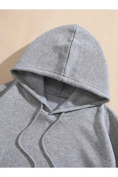 caddekombin Γκρι φούτερ με κουκούλα Hello Bear με στάμπα στο πίσω μέρος και μάλλινη επένδυση μέσα