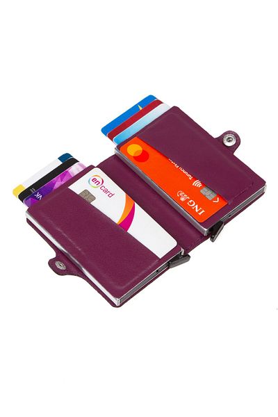Newish Polo Purple Leather Rfid Aluminum Double Mechanism Card Holder and Wallet New027