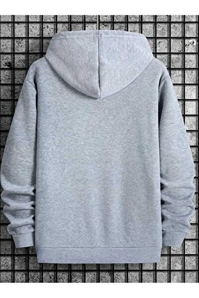 caddekombin Rep Gothic Font Printed Hooded Pocket Gray Sweatshirt with Wool Inside