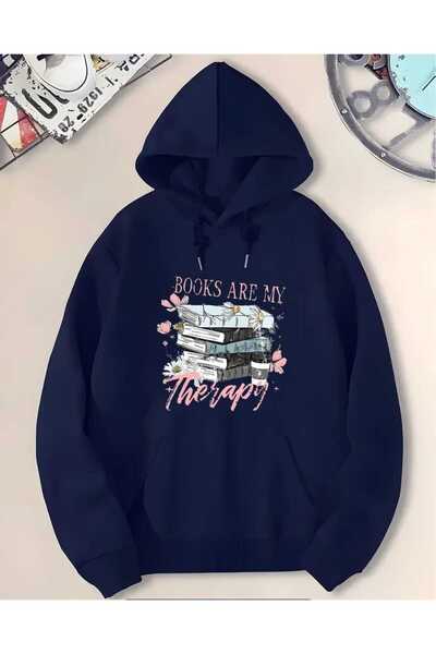 caddekombin Φούτερ με κουκούλα με στάμπα θεραπείας βιβλίου, με τσέπη και εσωτερικό μάλλινο επένδυση, σε μπλε ναυτικό χρώμα