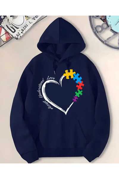 caddekombin Φούτερ με κουκούλα με στάμπα καρδιάς και τσέπη από βαμβακερό μπλε ναυτικό χρώμα