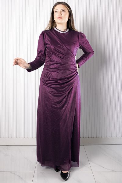 SUBU TASARIM Stone Printed Glitter Tulle Evening Dress Plum Tbs956
