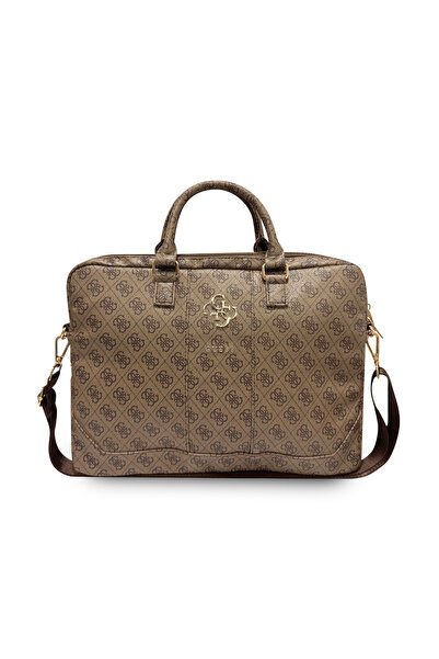 Guess حقيبة كمبيوتر محمول أصلية مرخصة مقاس 15 بوصة بنمط 4G كبيرة مع شعار 4G مع حزام كتف باللون البني