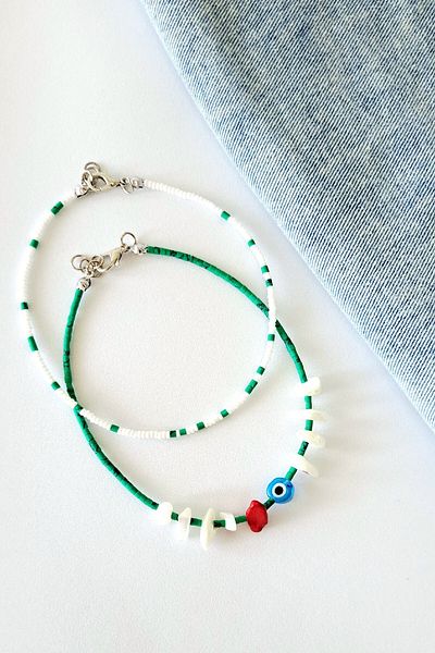 AYS TASARIM Natural Stone 2-Piece Bead Anklet. White, Green Colored Evil Eye Beaded Anklet