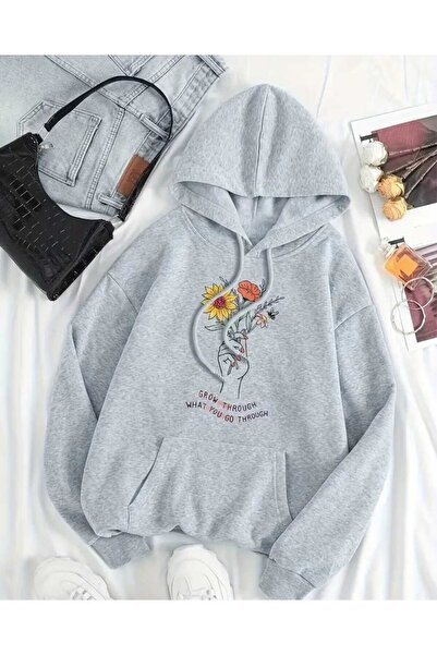 caddekombin Hanorac cu glugă cu imprimeu floral, gri, cu buzunar și lână în i...