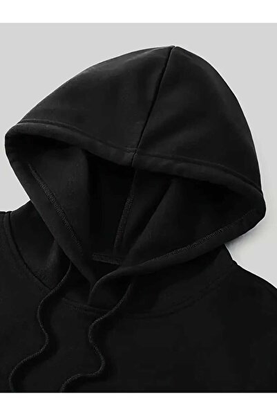 caddekombin Moon Baskılı Kapüşonlu Cepli Pamuklu Siyah Sweashirt