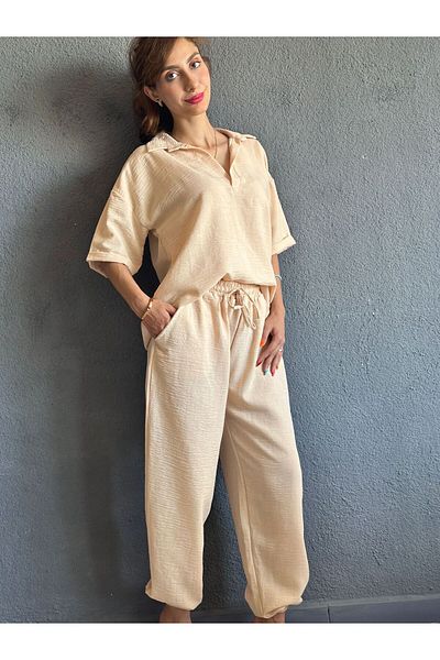 Gönülden Tasarım Muslin Fabric Elastic Leg Bottom Top Women's Set