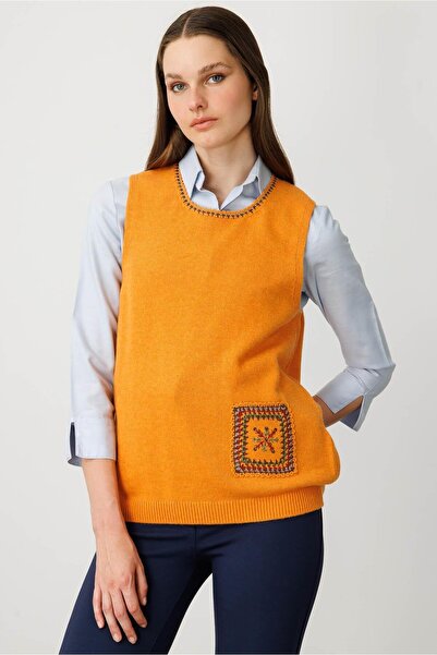 Desen Triko Women's Crew Neck Pocket and Collar Colorful Crochet Cashmere Sweater K.K.