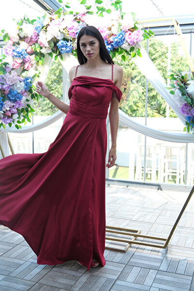 Feminist Taş Askılı Düşük Kol Saten Abiye Bordo 0806118