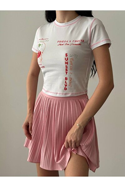 Beshora Renata White Colored Cherry Printed Short Sleeve Women's T-Shirt