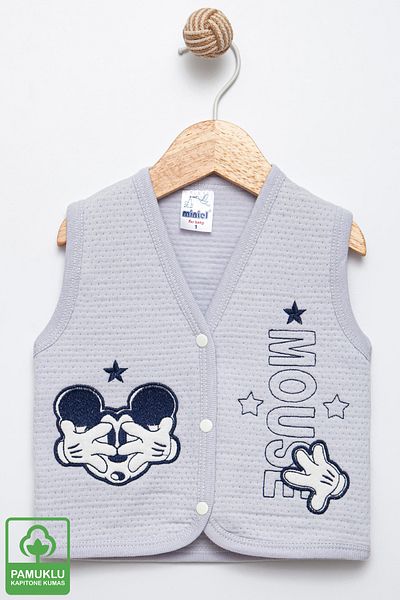 Miniel Baby Boy Mouse Embroidered Organic Cotton 6-18 Months Quilted Baby Vest