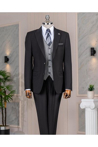 TerziAdemAltun Italian Style Combination Suit Jacket Vest Pant Black T14355