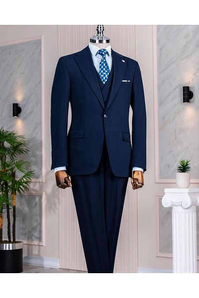TerziAdemAltun Italian Style Slim Fit Jacket Vest Pants Suit Navy Blue T14384