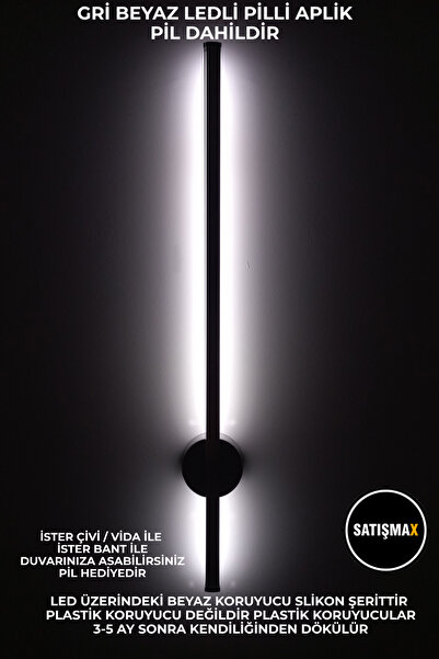 SatışMax Modern Dekoratif Led Duvar Aplik 70 Cm Gri 1 Adet PİLLİ BEYAZ LED