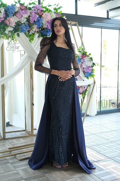 Feminist Beaded Tulle Sleeve Detailed Long Evening Dress Navy Blue 9705463