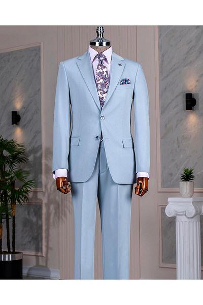 TerziAdemAltun Italian Style Slim Fit Mono Lapel Jacket Pants Suit Blue T14238