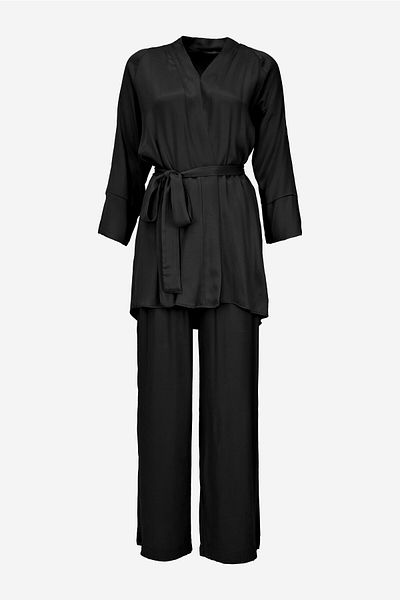 birizmoda Women's Satin Fabric Belted Kimono Set-Black