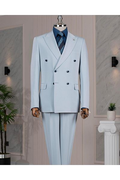 TerziAdemAltun Italian Style Double Breasted Jacket Pants Suit Blue T14388
