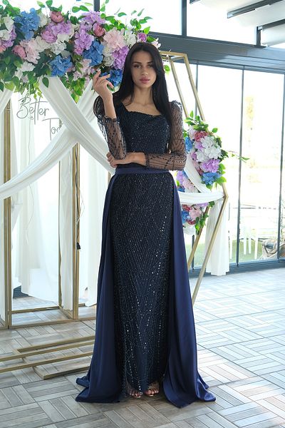 Feminist Beaded Tulle Sleeve Detailed Long Evening Dress Navy Blue 9705463