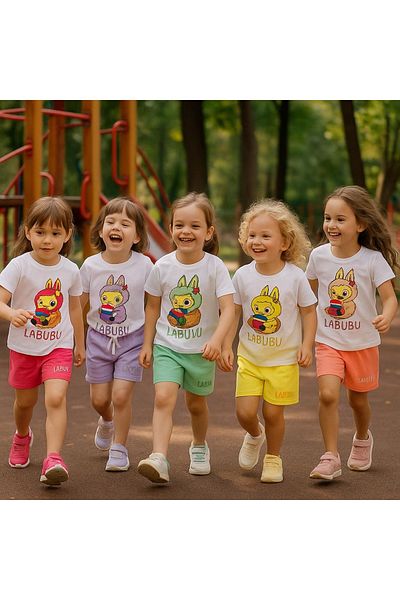 MİNİ İNOWESTA KİDS Girls' Labubu Pattern Short Sleeve Summer Shorts Bottom Top Set