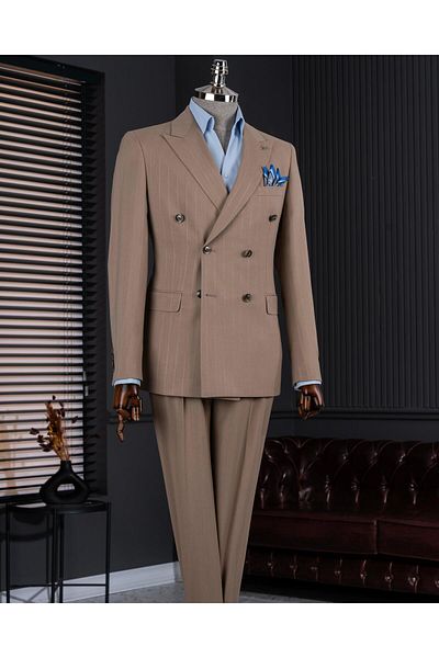 TerziAdemAltun Italian Style Slim Fit Double Breasted Jacket Pants Suit Brown T14183