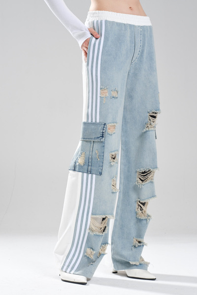 tw3 Women's Knitted Back Denim Stripe Detailed Design Palazzo Fit Trousers