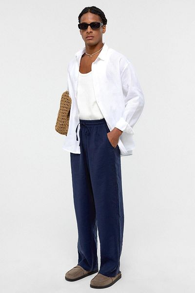 VAMOSCLO Baggy Fit Modal Fabric Trousers Navy Blue