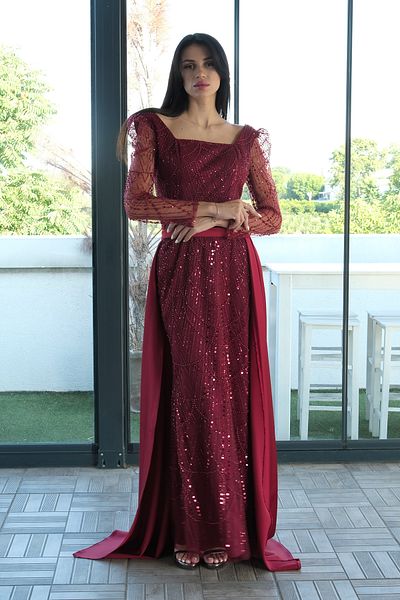 Feminist Beaded Tulle Sleeve Detailed Long Evening Dress Burgundy 9705463
