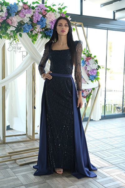 Feminist Boncuk İşlemeli Tül Kol Detaylı Uzun Abiye Lacivert 9705463