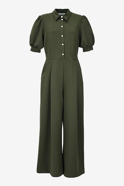 birizmoda Women's Balloon Sleeve Button Detailed Belted Jumpsuit - Khaki