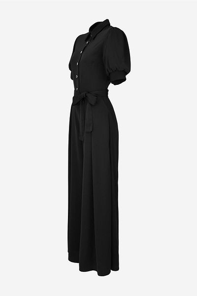 birizmoda Women's Balloon Sleeve Button Detailed Belted Jumpsuit - Black