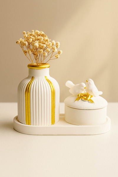 LalezarHome Dekoratif Taş Vazo ve Kuşlu Kutu Seti - Gold Detaylı | Bohem Masa...