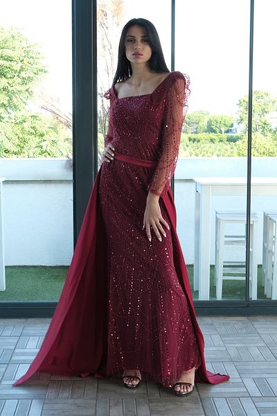 Feminist Beaded Tulle Sleeve Detailed Long Evening Dress Burgundy 9705463