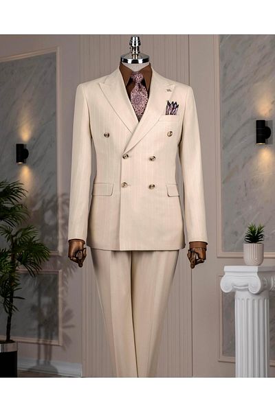 TerziAdemAltun Italian Style Slim Fit Double Breasted Jacket Pants Suit Beige T14202