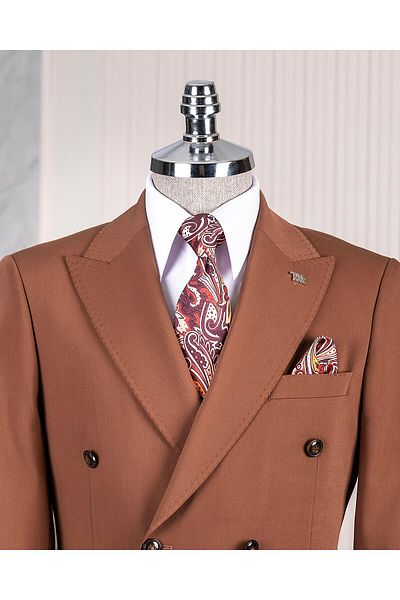 TerziAdemAltun Italian Style Double Breasted Jacket Pants Suit Brown T14387