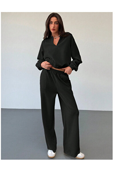 LOSSİA Γυναικείο μαύρο φαρδύ παντελόνι φόρμας μεγάλου μεγέθους, υψηλής ποιότη...