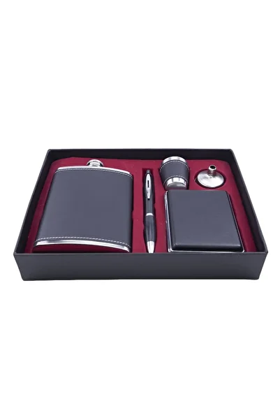 ANGMAD Gift Set - Metal Flask with Mini Glass, Funnel, Cigarette Case, and Pen, Black Faux Leather, 250ml