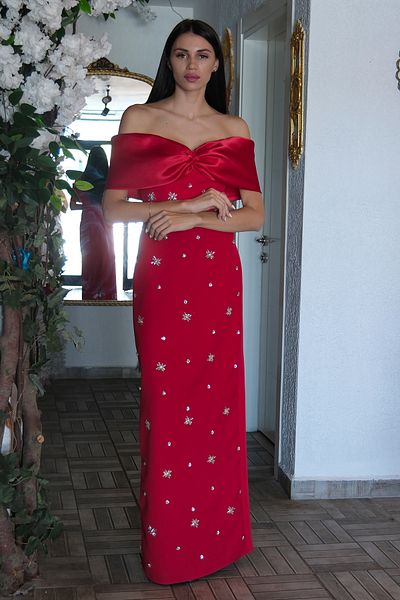 Feminist Bow Detailed Stone Embroidered Evening Dress Red 9705494