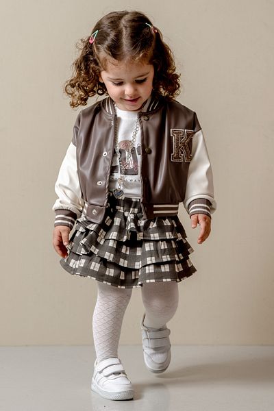 JNF kids Baby Girl & Child Leather Jacket College Skirt Suit (with Necklace and Pantyhose Gift)