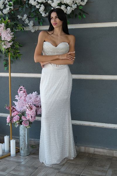 Feminist Sequins Stone Embroidered Strapless Fish Evening Dress White 9705304