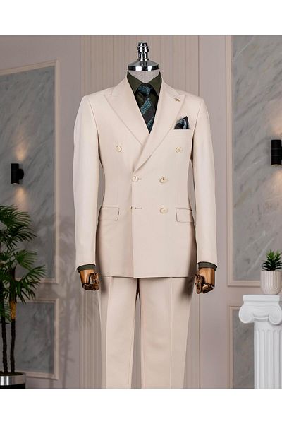 TerziAdemAltun Italian Style Double-Breasted Jacket Pants Suit Beige T14191