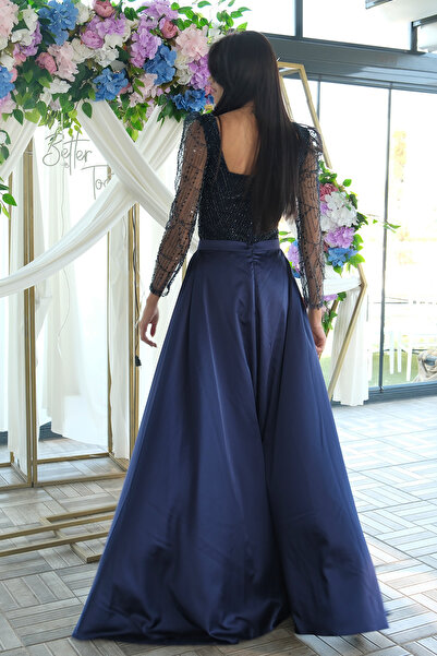 Feminist Boncuk İşlemeli Tül Kol Detaylı Uzun Abiye Lacivert 9705463