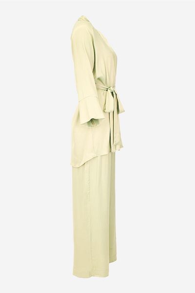 birizmoda Women's Satin Fabric Belted Kimono Set-Yellow