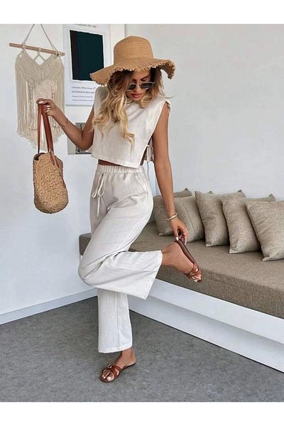 alluria Side-Tied Detailed Trousers Suit Beige