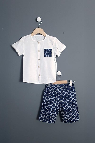 Trend Baby Kids Boys' Muslin Shirt Shorts 2-Piece Set Gg Design Navy Blue 2-3-4-5 Years Old Options