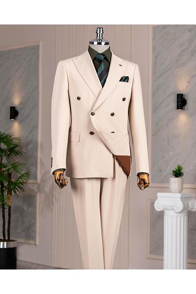 TerziAdemAltun Italian Style Double Breasted Jacket Pants Suit Beige T14189