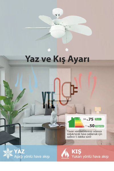 YTE Avizeli İpli 6 Kanatlı Sessiz Beyaz 60 W Ahşap Tavan Vantilatörü