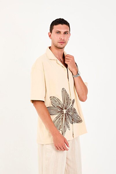 Rocqerx R-6094 Πουκάμισο με κοντό μανίκι με λεπτομέρεια κέντημα με γιακά