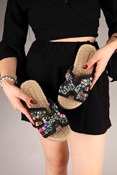 Birikon Isabella Beaded and Stone Accessory Slippers Black